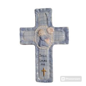 Vintage Glazed Porcelain Blue Baby Cross